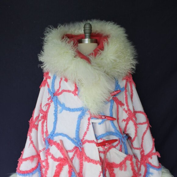 Artisan Vintage Chanille blanket jacket mongolia lamb cloak poncho toggle coat - Picture 8 of 12